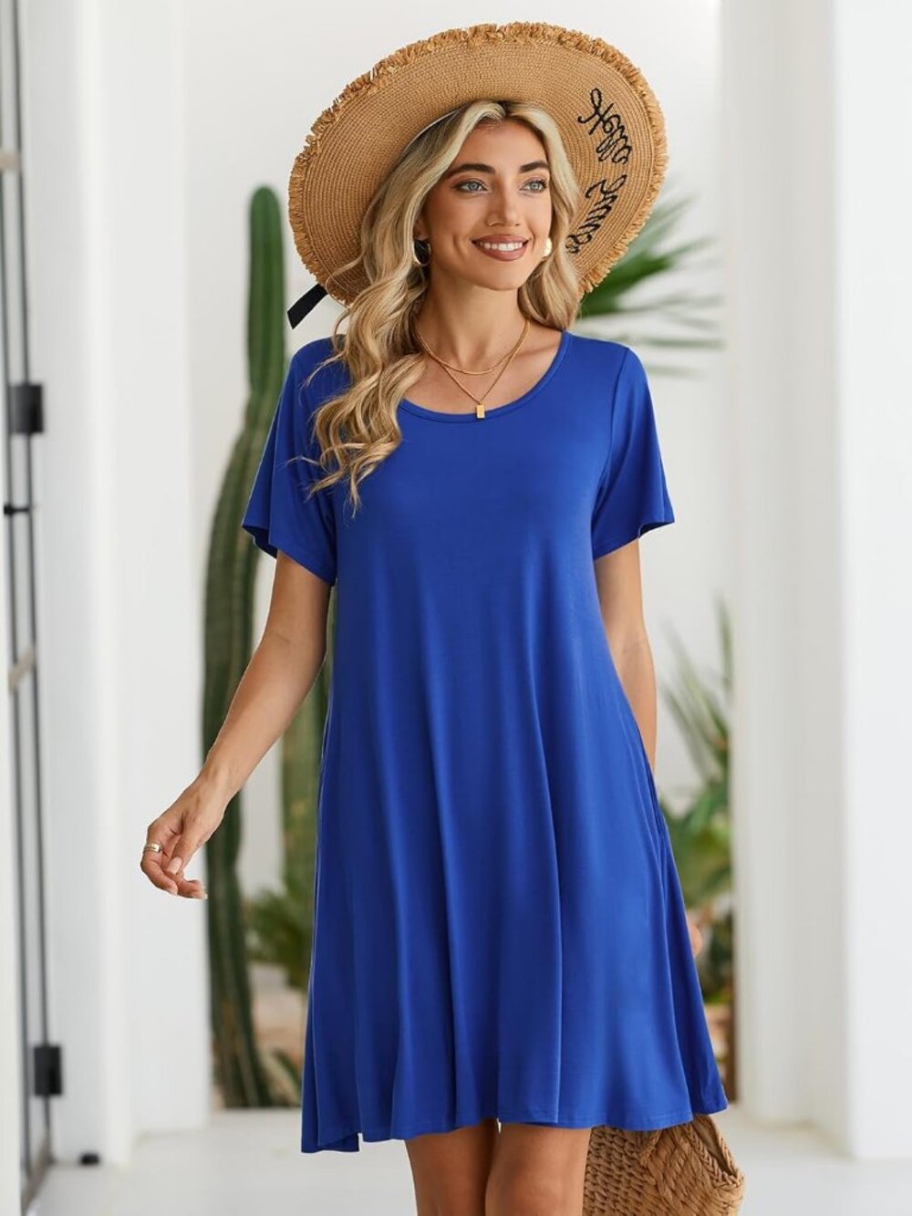 Women's Navy Blue Casual Loose Swing Tunic Short Sleeve Sun Mini Shirt Dress - Picture 4 of 6